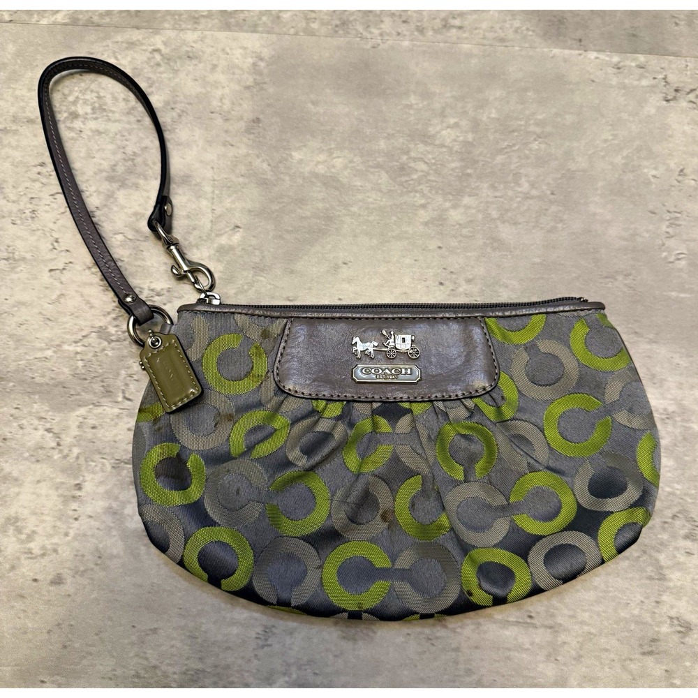 Coach Madison Graphite Green OP Art Signature Sateen Large Wristlet Hangtag Y2K